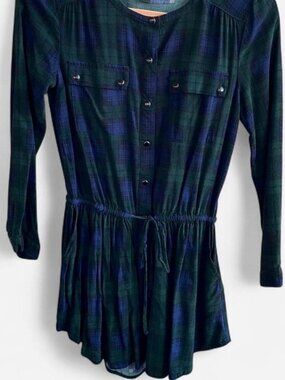 Navy Blue & Green Plaid Long Sleeve Dress